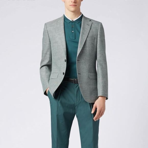 Hugo Boss Regular-fit Blazer Jacket Micro-Pattern Italian Cotton Green 44 R 44R - Picture 1 of 10